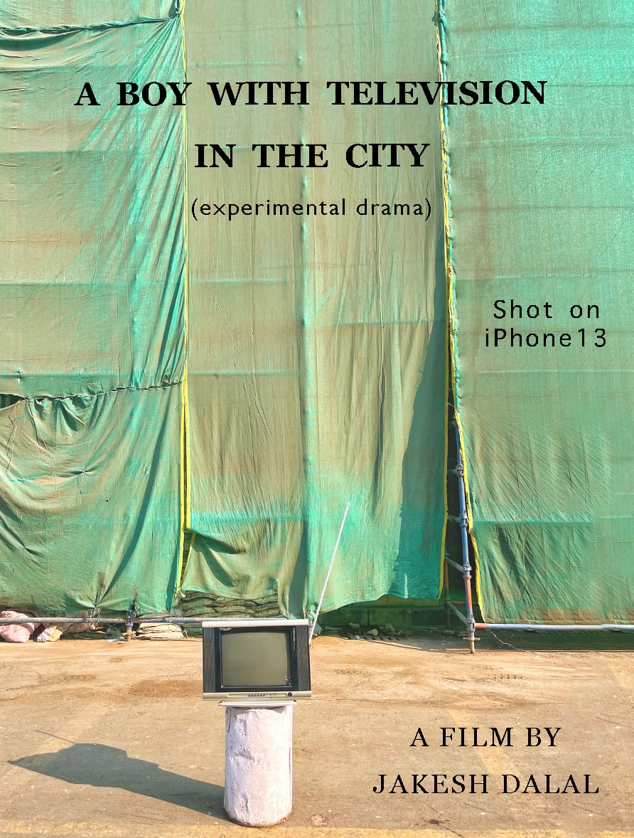 Poster: a television on a concrete stand in front of a green construction tarp, a film by Jakesh Dalal