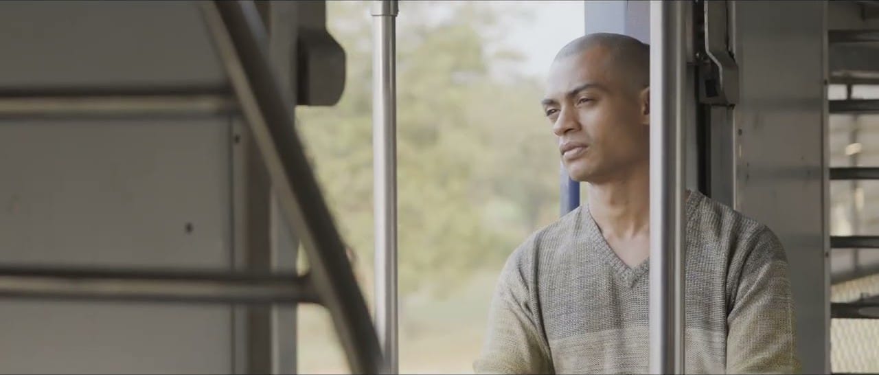 A young man in a grey sweater looks out from a train doorway
